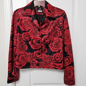 Lori Zoni Rose Floral Jeweled Jacket Women’s Small 100% Silk Lined Cloth Buttons